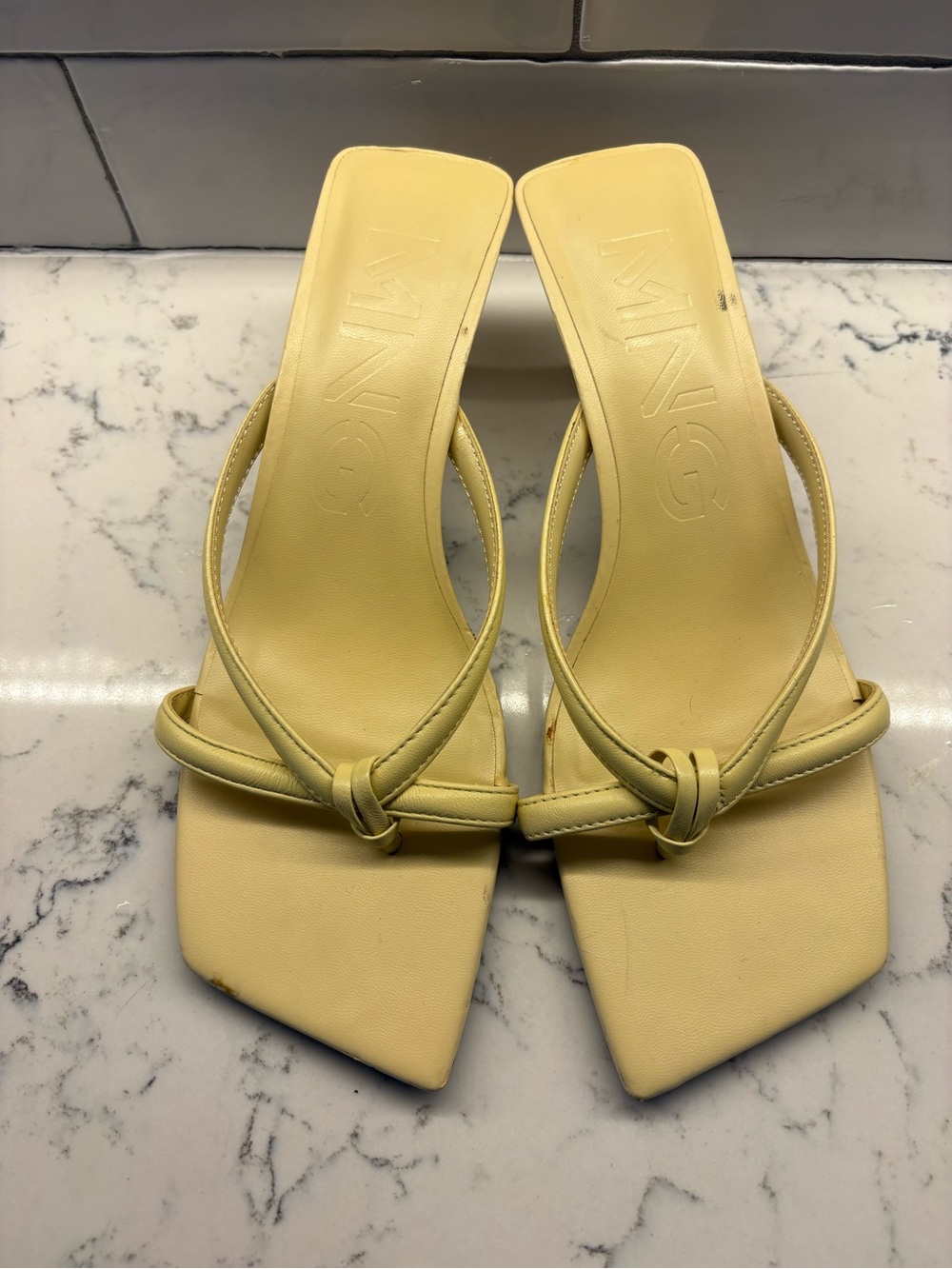 Mango Pale Yellow Knot Front Square-Toe Heeled Sandals